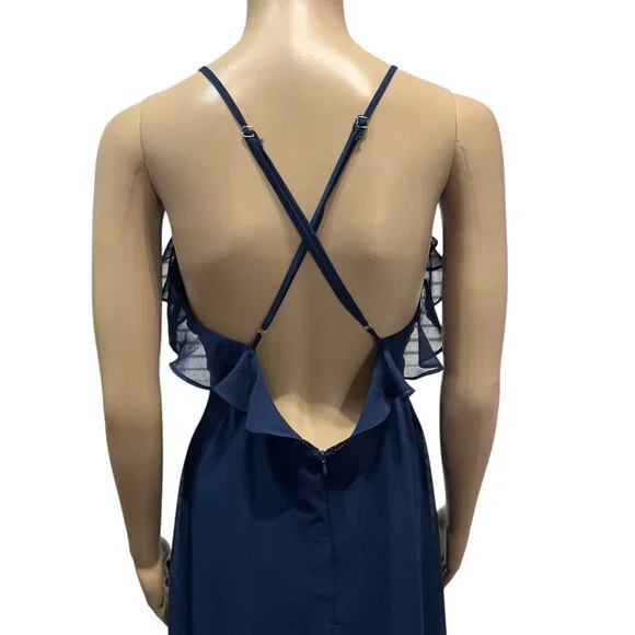 Lulus Metropolitan Navy Blue Ruffled Maxi Dress Large V Neck Sleeveless - Picture 8 of 16